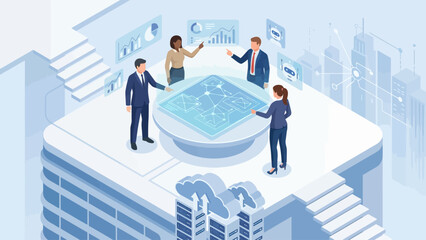 A global business team working together to analyze charts and graphs on computers, showing teamwork, communication, and success