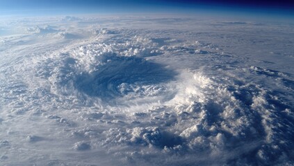 Obraz premium Hurricane eye view; swirling clouds, deep blue sky above