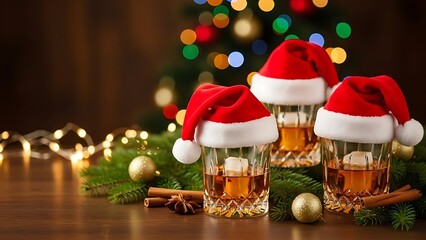 Festive whiskey glasses with Santa hats and Christmas decorations on a rustic table.