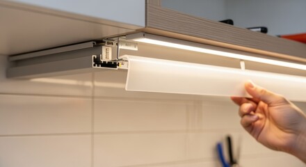 Detailed view of LED strip light profile and diffusers being attached under cabinetry for even light distribution and glare reduction.