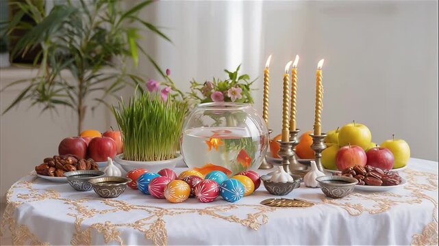 Traditional Nowruz Haft Sin table with sabzeh wheat sprouts, painted eggs, apples, garlic, candles and coins, symbolizing Persian New Year, spring equinox, renewal and heritage