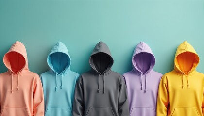 Five hooded sweatshirts in various bright colors hang in a row against a teal background. The apparel is displayed neatly, suggesting a clothing store or collection for sale.