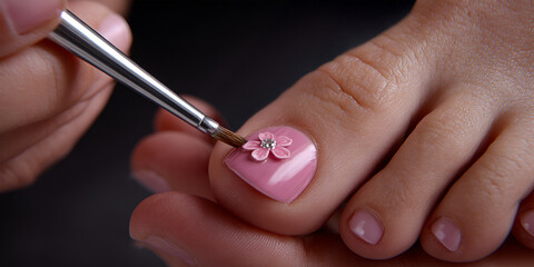 Close-up of a female nail technician applying intricate floral design on a pink toenail using a fine brush, showcasing artistry and attention to detail in nail care