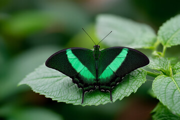 Vibrant green butterfly perched on a lush green leaf, showcasing intricate wing patterns and textures, surrounded by a blurred natural background, representing beauty in nature