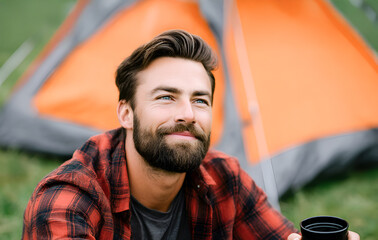 Bearded man wearing a red plaid shirt is enjoying a warm beverage while sitting outside a camping tent, surrounded by nature, reflecting on a peaceful outdoor experience
