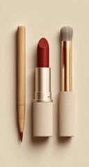 Makeup set lip pencil, red lipstick, foundation brush