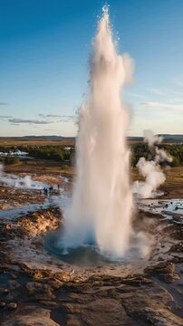 Geothermal Geyser Erupting Hot Water Steam Against Blue Sky