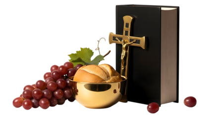 Still life with grapes bread mask cross and book