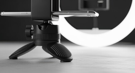 Detail of antislip feet on portable ringlight tripod paired with smartphone clip ensuring stable and secure influencer video capturing anywhere.