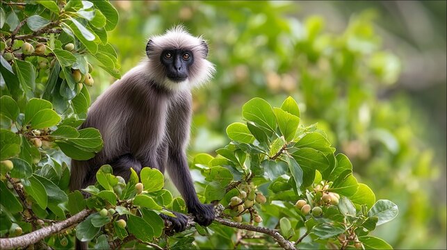 A solitary gray langur monkey perched gracefully on a branch, surrounded by lush green foliage.