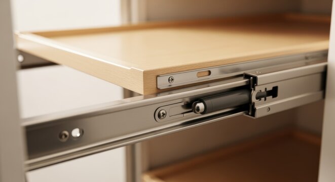 Detailed view of highquality metal rails and softclose mechanisms used in retrofitting pullout pantry shelves for a smooth operation.