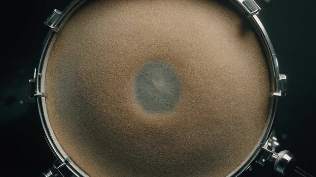 Sand vibrating on drum forming sound wave pattern