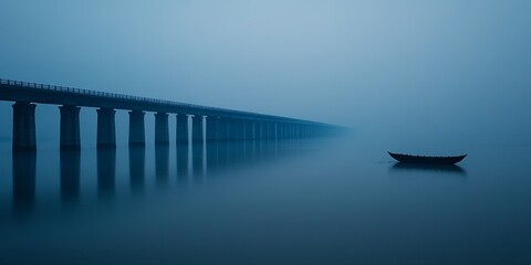 Small boat floating on calm water under long bridge in foggy morning