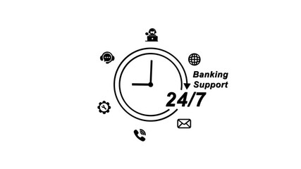 24/7 Banking Support Services Clock with Customer Service Symbols 24/7 support banking services clock support banking customer support