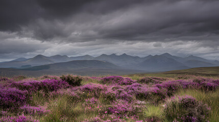 Obraz premium grampian. A vast landscape of mountains covered in blooming purple heather under a moody sky. travel magazines, destination branding, designed for travel destination branding, used by photographers.