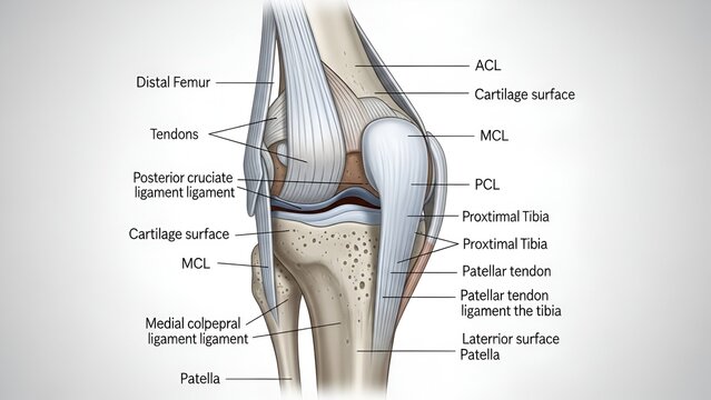 Anatomical illustration displaying the structure of the human knee and its components for medical