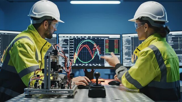 Engineers monitor waveform data on multiple screens in industrial control room. Engineers analyze electrical system with oscilloscope display and control panel for power monitoring and testing in comm