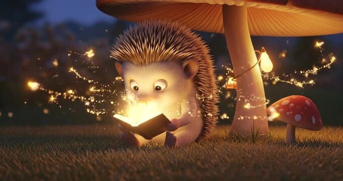 A cute hedgehog reading a magical book under a mushroom with glowing lights at twilight