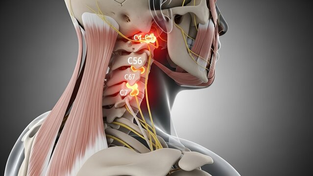 Cervical spine anatomy with pain points demonstrating potential nerve impingement issues