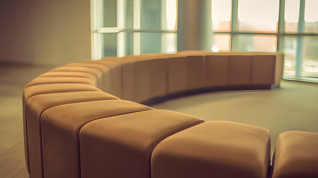 contrapositive. A minimalist, flowing arc of upholstered seating on a blurred neutral background. real-estate listings.