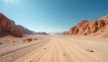 Expansive desert landscape with sandy track winding between rocky formations under clear blue sky. Hot arid environment shows dry terrain, distant mountains, and sunlit rocky cliffs.