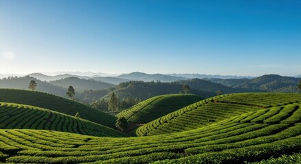 Fototapeta premium Lush tea plantations on rolling hills, bathed in morning light