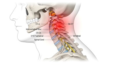 Detailed anatomical view of the cervical spine displaying vertebral structures with marked pain