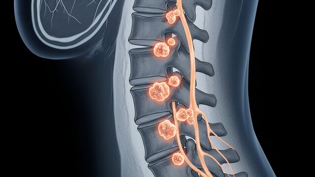 Digital rendering of a spine with tumors affecting vertebrae and neural structures, showcasing