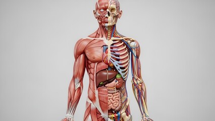 Human anatomical structure featuring the skeletal, muscular, and vascular systems
