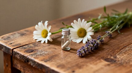 Fototapeta premium Natural herbal supplement capsule with chamomile flowers on wooden table