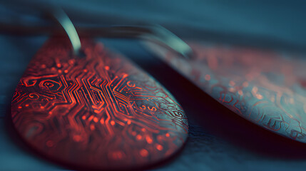 materialization. Elegant minimalist earrings with glowing embedded circuit pattern, fusion of fashion and technology. symbolizing technological progress and responsible innovation.