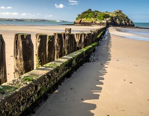 Sandy beach with weathered posts leading to a rocky island under a blue sky