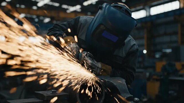 cinematic factory night scene industrial worker grinding steel pipe protective welding mask sparks in slow motion dark environment shallow focus handheld camera warm orange highlights cool blue shadow