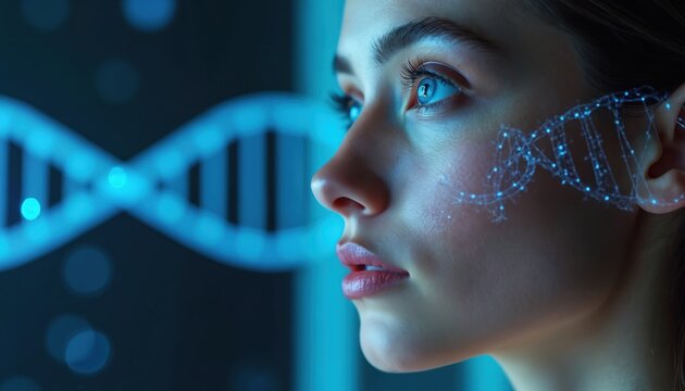 Woman with digital dna visualization. Future science and biotech integration. Genetic data in modern life. Person analyzes molecular structure, exploring innovation. Future health and medicine. - Powered by Adobe