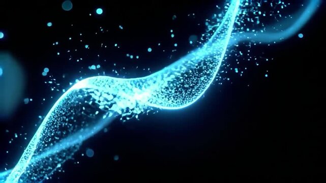 Abstract blue glowing particles flowing in a curved path against a dark background.