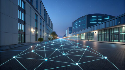 Modern Cityscape with Digital Network Overlay at Night, symbolizing Connectivity and Information Technology