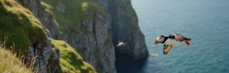Atlantic puffin bird with orange beak flies over blue sea near green grassy cliff. Other seabirds nest on rocky shore. Wildlife scene in natural habitat.