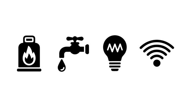Icons of basic household utilities like water, gas, electricity, and internet connectivity