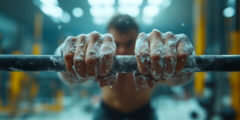 Determined athlete gripping barbell with chalked hands during intense workout