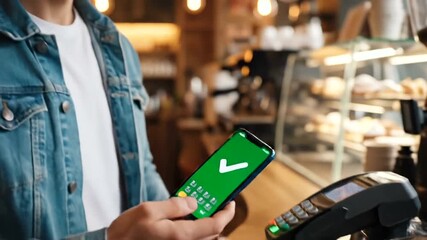 Man using smartphone for contactless payment at a cafe successful transaction. - Powered by Adobe