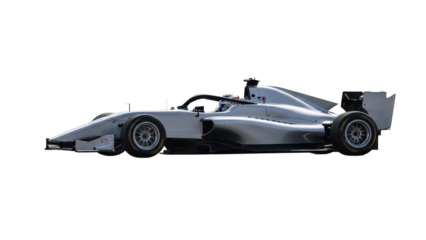 A powerful, metallic silver single-seater race car is isolated in a clean side profile studio shot, ready for high-speed sport.