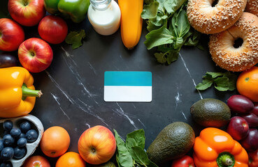 Food items like apples avocados oranges and blueberries arranged around a card. Includes bagels milk and bell peppers. Healthy eating concept.