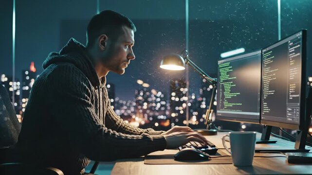 Programmer codes at night desk with city lights behind window. Developer writes code on dual monitor. Programmer works late coding. Night coding with coffee. Developer at computer coding session.