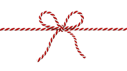 Festive red and white striped bow made of twisted rope, holiday decoration.