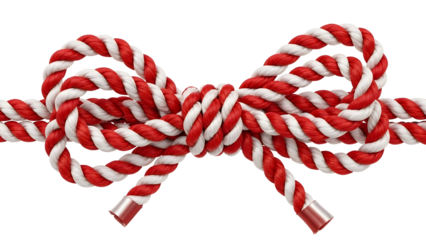 Festive Red and White Striped Rope Bow with Metallic Ends on Black Background