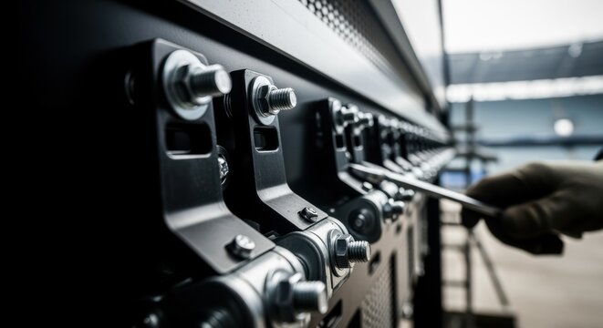 Detailed inspection of LED panel locks and fastening bolts during stadium scoreboard erection at a sports complex.