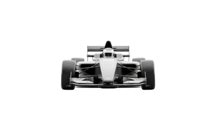 Powerful monochrome 3d render of a formula 1 winter sport car, isolated in a symmetrical front view on a clean white background.