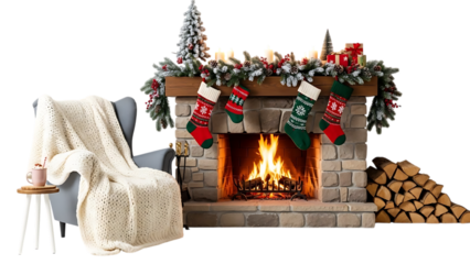 Cozy Christmas fireplace with stockings and armchair image