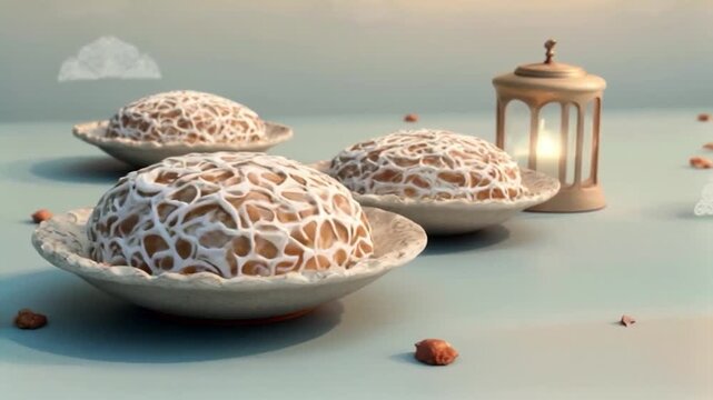 Three decorative bowls with intricately designed domes and scattered nuts on a serene background.