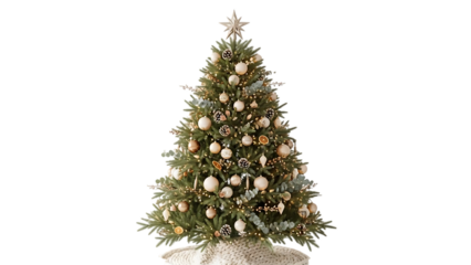 Decorated Christmas tree with warm lights and natural ornaments pine cones dried oranges